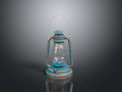 Vintage Teal Kerosene Lamp With Metal Frame And Glass Shade 3d model