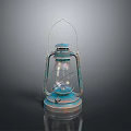 Vintage Teal Kerosene Lamp With Metal Frame And Glass Shade
