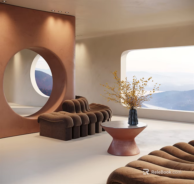 Brown Abstract Sofa Interior Design With Circular Mirror Vase Coffee Table And Mountain View 3d model