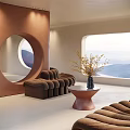 Brown Abstract Sofa Interior Design With Circular Mirror Vase Coffee Table And Mountain View 3d model