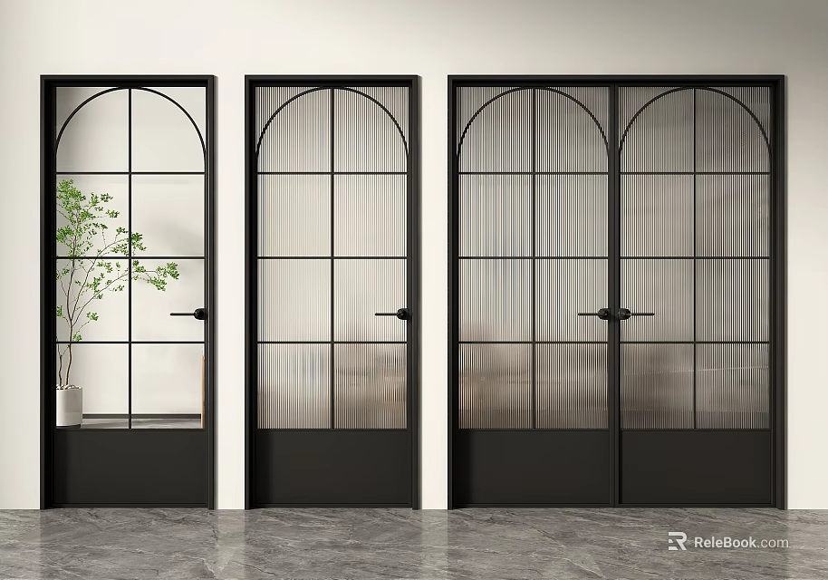 Modern Black Double Doors With Arched Top Grid Glass For Interior Home Decor 3d model 