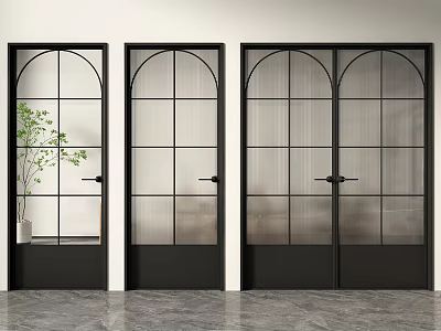 Modern Black Double Doors With Arched Top Grid Glass For Interior Home Decor 3d model