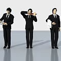 Three men in black suits standing and holding rolled document coffee cup and white cloth