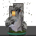 Ancient Style Figure In White Robe With Lantern Ink Painting Background And Falling Petals