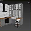 Modern Kitchen Interior With Gray Glass Door Cabinets Wooden Countertop White Brick Wall And Window