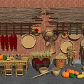 Fresh Farm Crops Display with Pumpkins Chili Peppers Scarecrows and Bamboo Furniture