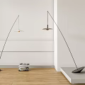Modern Arched Floor Lamps Design with Black Base Wooden Floor White Wall Interior and Books