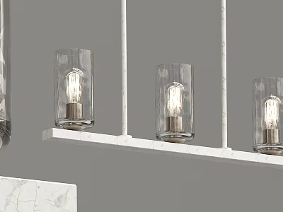 Modern Linear Chandelier with Glass Shades and Exposed Bulbs on White Bar 3d model