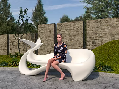 Unique Curved White Public Chair in Outdoor Space with Green Plants and Stone Wall 3d model