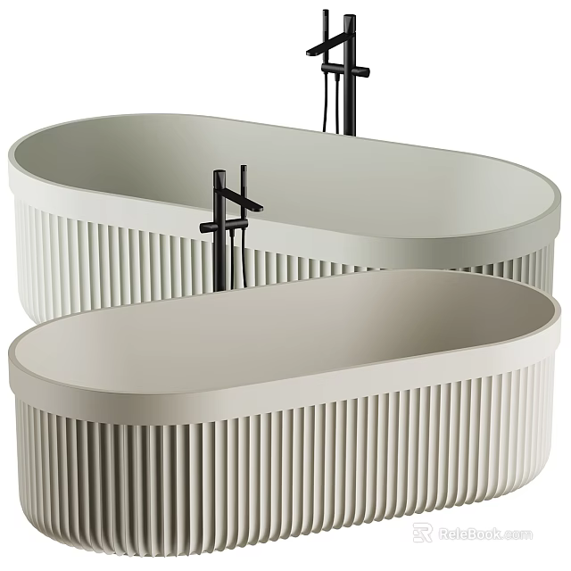 Two Modern Oval Bathtubs With Ribbed Design And Black Faucets 3d model 