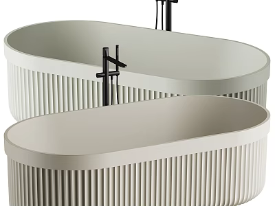 Two Modern Oval Bathtubs With Ribbed Design And Black Faucets 3d model