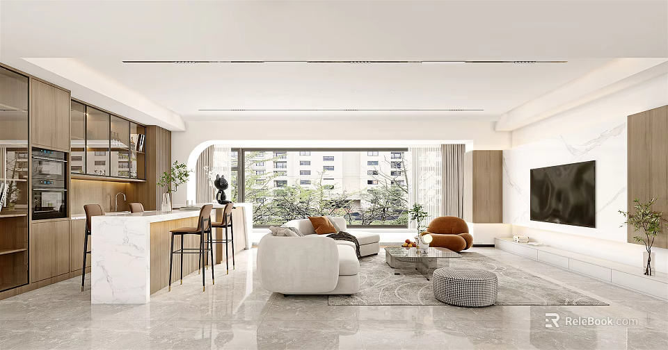 Modern Living Dining Room Interior With White Sofa Marble Coffee Table TV And Large Windows 3d model 