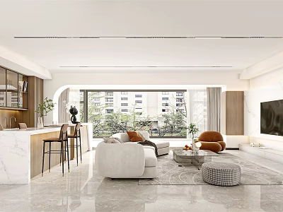 Modern Living Dining Room Interior With White Sofa Marble Coffee Table TV And Large Windows 3d model