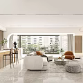 Modern Living Dining Room Interior With White Sofa Marble Coffee Table TV And Large Windows