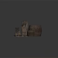 Rustic Wooden Bar Setting With Metal Jugs Fruits Stools Barrels Sacks And Wooden Bench