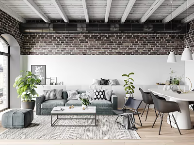 Modern Living Dining Room Interior With Brick Wall Wooden Beams Sofa And Dining Table 3d model