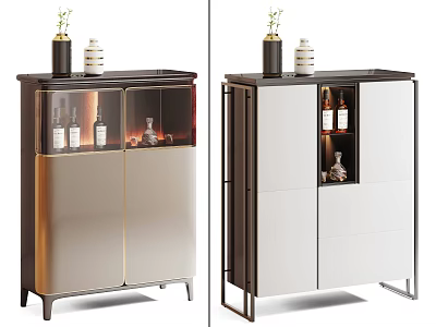 Modern Sideboard With Glass Doors Storage And Decorative Items In Gold Black White 3d model