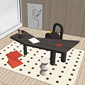 Modern Dark Wood Desk with Laptop Red Headphones Black Bear Decoration and Checkered Rug