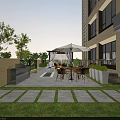 Modern High-rise Courtyard Garden Landscape with Umbrella Table Chairs Stone Path Green Plants and Lawn