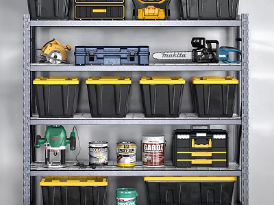 Organized Hardware Tools Storage On Metal Shelf With Toolboxes Bins And Chainsaw 3d model