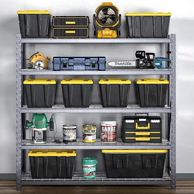 Organized Hardware Tools Storage On Metal Shelf With Toolboxes Bins And Chainsaw 3d model Organized Hardware Tools Storage On Metal Shelf With Toolboxes Bins And Chainsaw 3d model