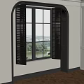 Arched Window Room With Black Shutters Wooden Flooring White Walls And Green View 3d model
