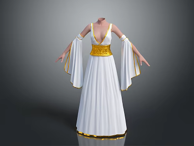 Woman Wearing Elegant White Long Dress With Gold Accents On Belt And Sleeves 3d model