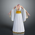 Woman Wearing Elegant White Long Dress With Gold Accents On Belt And Sleeves