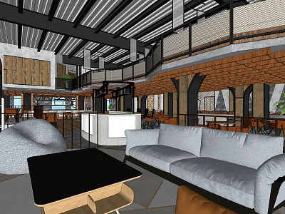 Modern Restaurant Interior With Striped Ceiling Wooden Elements Sofa Seating And Bar Counter 3d model