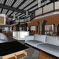 Modern Restaurant Interior With Striped Ceiling Wooden Elements Sofa Seating And Bar Counter