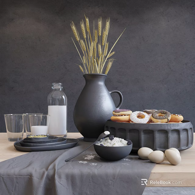 Modern Black Dinnerware Set with Wheat Vase Donuts Milk Bottle and Eggs 3d model