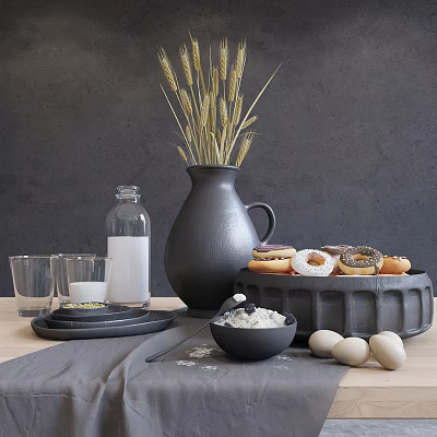 Modern Black Dinnerware Set with Wheat Vase Donuts Milk Bottle and Eggs 3d model