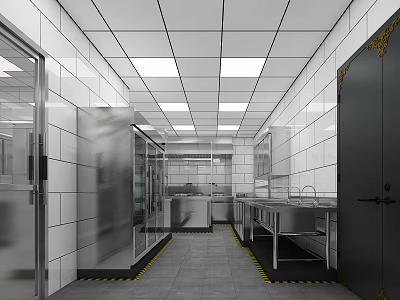 Commercial Kitchen Interior With White Tiled Walls Stainless Steel Appliances Ceiling Lights Worktables And Flooring 3d model