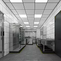 Commercial Kitchen Interior With White Tiled Walls Stainless Steel Appliances Ceiling Lights Worktables And Flooring