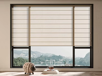 Light Beige Venetian Blinds Window Covering With Scenic Mountain River View And Interior Decor 3d model