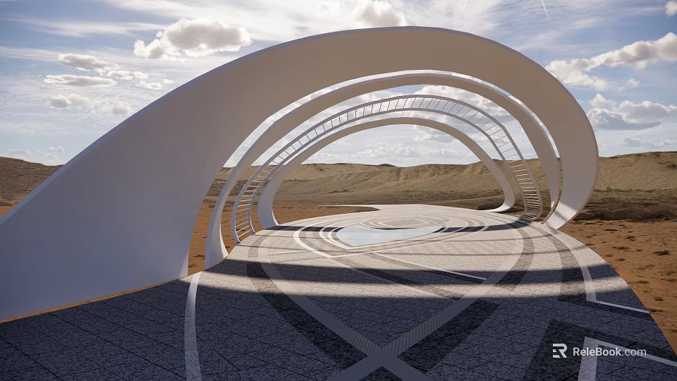 Modern Landscape Bridge With White Arch Structure Sky Clouds Paved Ground Light Shadow Effects 3d model 