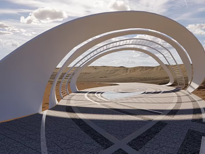 Modern Landscape Bridge With White Arch Structure Sky Clouds Paved Ground Light Shadow Effects 3d model