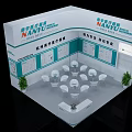 Modern Exhibition Booth Design With White Chairs Round Tables Green Plants And Display Panels