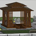 Traditional Wooden Gazebo In Garden With Pond Fountains Lawn And Stone Path