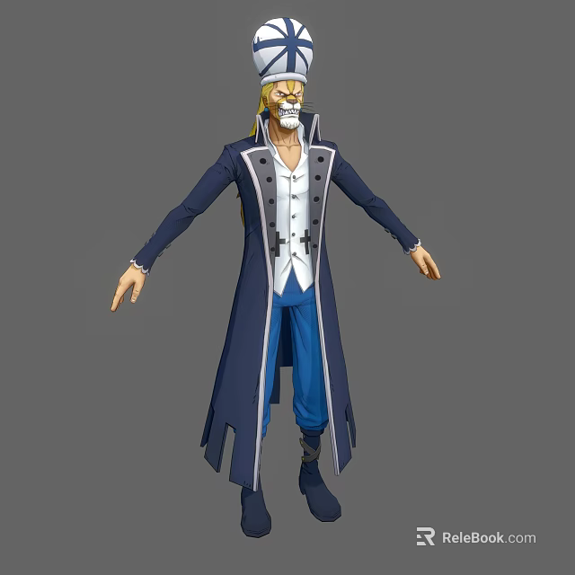 Anime Game Character with Blonde Hair White Beard Long Blue Coat Blue Pants Boots Design 3d model 