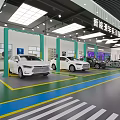 Modern Automobile Service Workshop Layout With Green Floor Multiple Vehicles And Circular Equipment