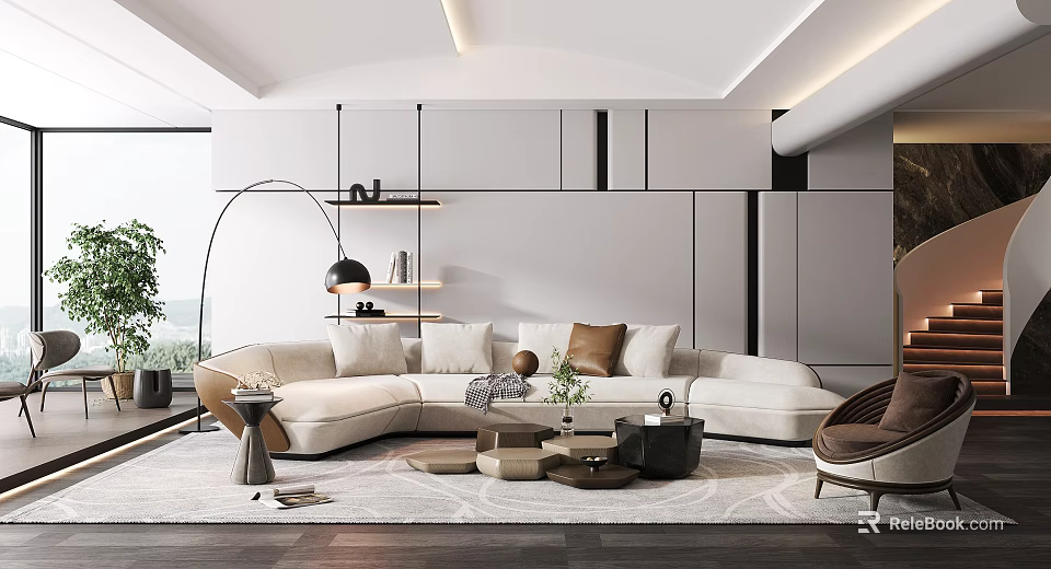 Modern Living Room Interior Design With Sectional Sofa Area Rug Coffee Tables And Floor Lamp 3d model 