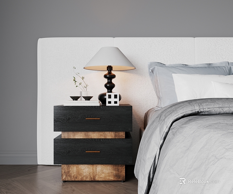 Modern Dark Wood Nightstand With Drawers Table Lamp And Small Plant Next To Light Headboard 3d model 