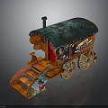 Decorative Red Carriage With Blue Green Roof Wooden Wheels Small Chimney And Cartoon Artwork