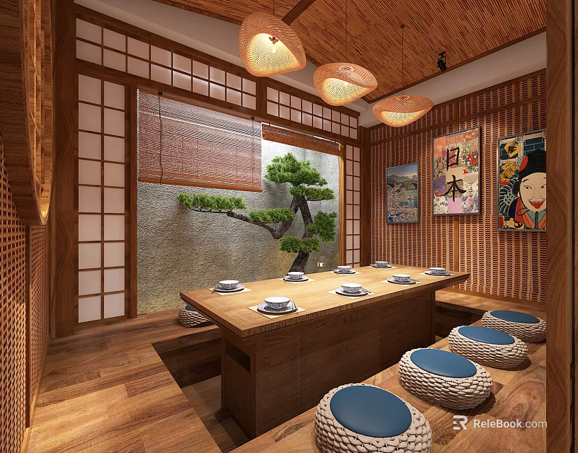 Traditional Japanese Tatami Private Room With Wooden Structure Long Table Tatami Seats And Decorative Paintings 3d model 