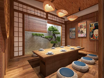 Traditional Japanese Tatami Private Room With Wooden Structure Long Table Tatami Seats And Decorative Paintings 3d model