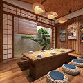 Traditional Japanese Tatami Private Room With Wooden Structure Long Table Tatami Seats And Decorative Paintings
