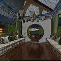 Traditional Chinese Style Garden Landscape With Cozy Lounge Seats Lush Green Plants And Warm Lighting