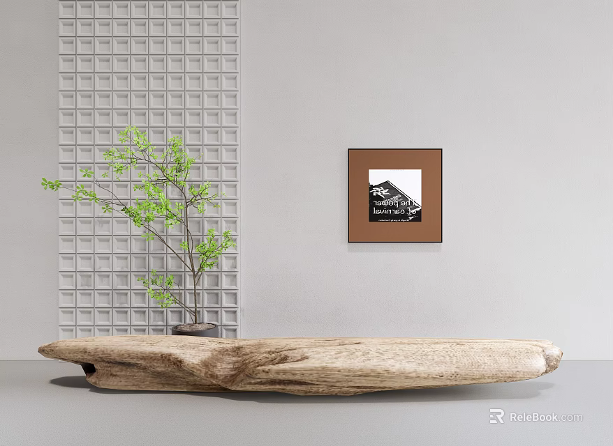 Ornamental Decor Combination With Green Plant Framed Painting And Wooden Log On Grid Wall 3d model 