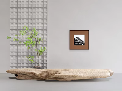 Ornamental Decor Combination With Green Plant Framed Painting And Wooden Log On Grid Wall 3d model